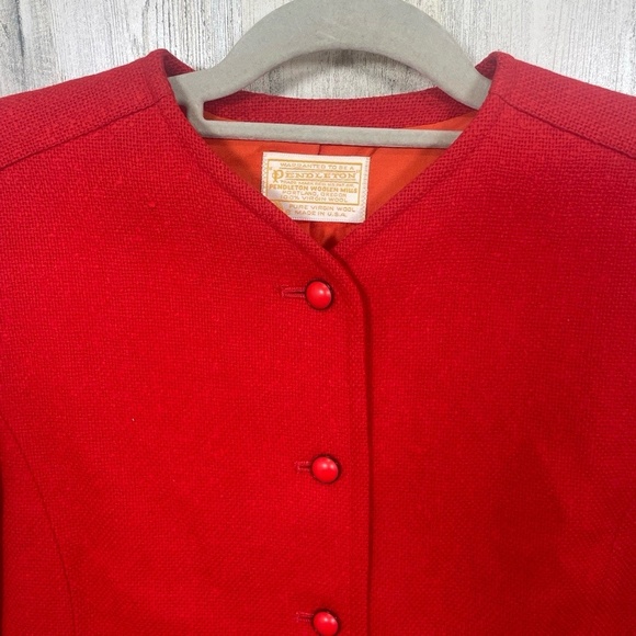 PENDLETON Vintage Jacket size 8 Red Collarless Button Front Virgin Wool USA Made - Picture 2 of 10
